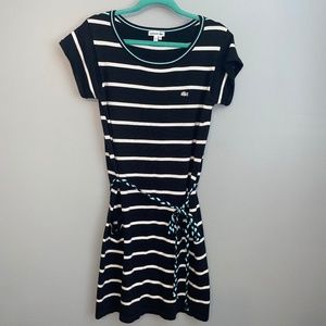 EUC Lacoste Black & White Striped Knit Jersey Belted Dress Medium Size 38